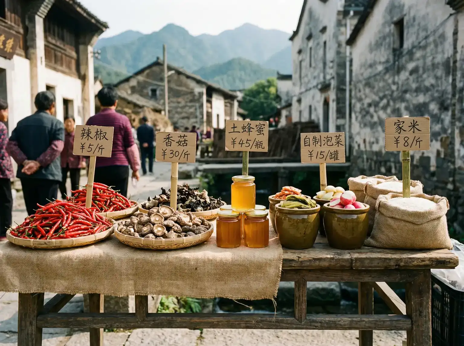 乡村集市上的辣椒香菇蜂蜜等土特产 - 老汉推车| 农产品